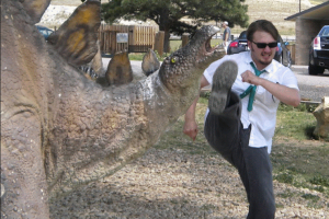 The Editor kicking a stegosaurus in the face (computer simulation).